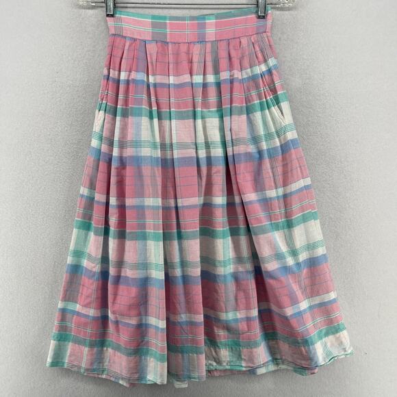 Woolrich Dresses & Skirts - WOOLRICH Skirt S A-line 90s Madras Pastel Plaid Pleated Cotton Midi Pink VTG